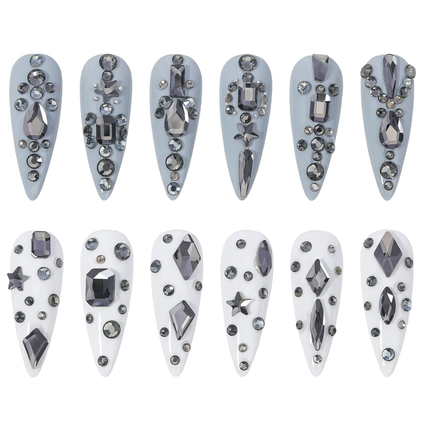 HNUIX Nail Rhinestones - 3D Multi Shape Size Crystal, Transparent Gray Nail Gems, Flat Back, with Kit, for Nail Art, DIY Decorations-Velvo Beauty