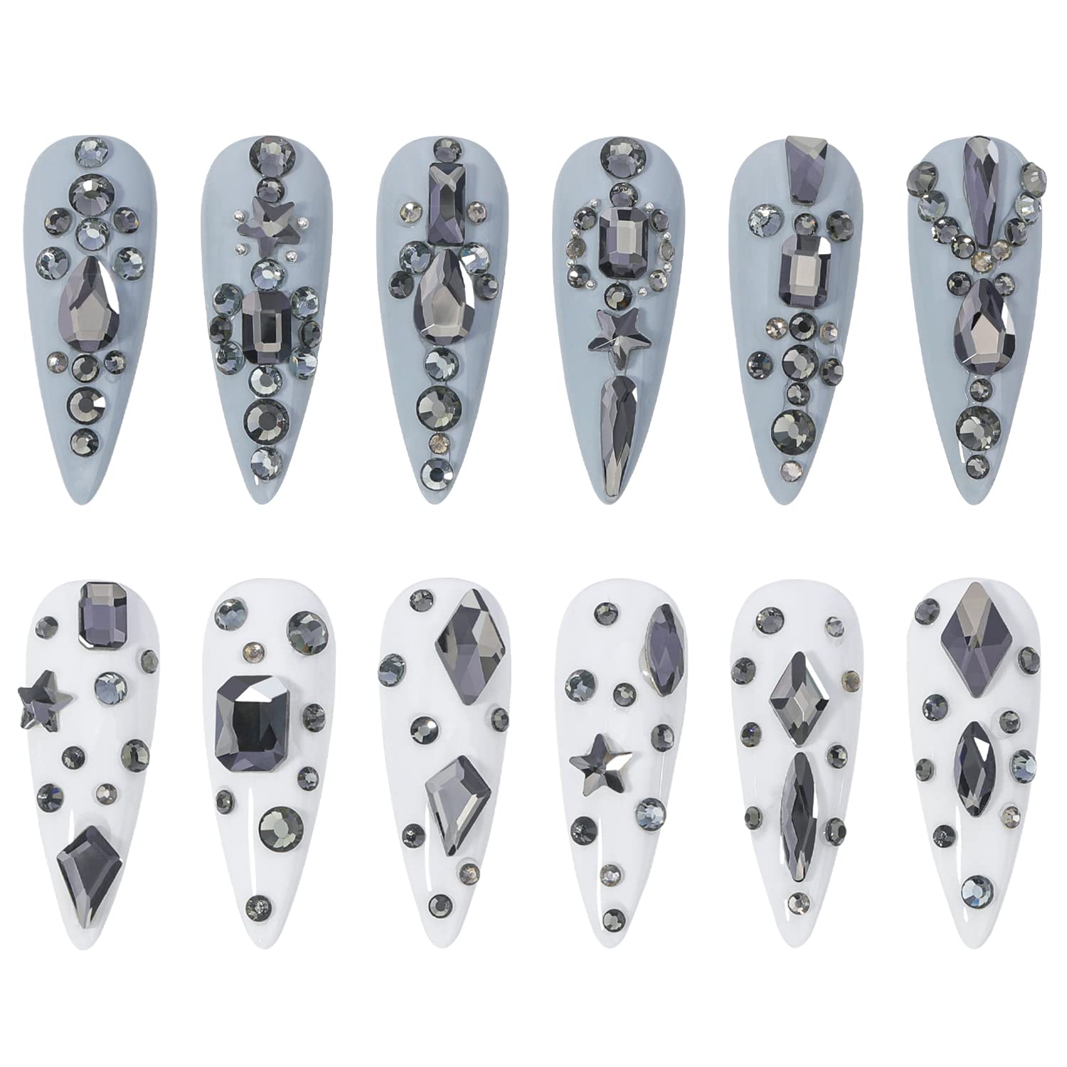 HNUIX Nail Rhinestones - 3D Multi Shape Size Crystal, Transparent Gray Nail Gems, Flat Back, with Kit, for Nail Art, DIY Decorations-Velvo Beauty