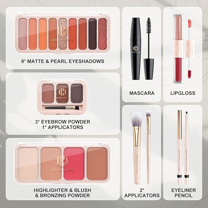 Color Nymph Makeup Kit for Women, Makeup Gift Set All In One Travel Backpack for Girls With Eyeshadow,Mascara, Lipgloss, Highlighter, Blush, Eyeliner pencil (Bag A)-Velvo Beauty