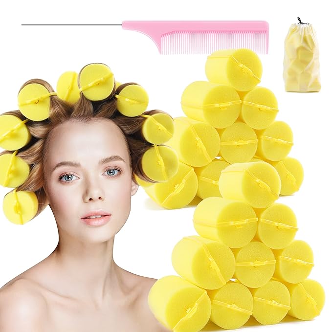 Jumbo Foam Sponge Hair Roller Soft Sleeping rollers Curvy Wavy Hairstyle Curling Hair Styling Tools 24 Pieces Use For Long Hair Short Hair Ladies And Children 2"X2.75"(yellow)-Velvo Beauty