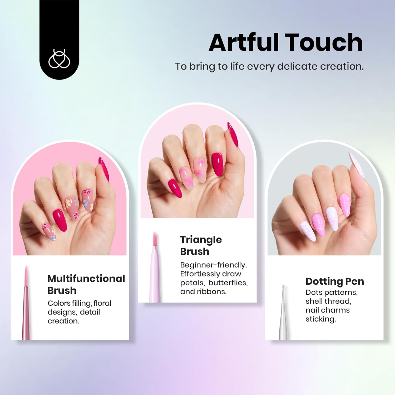 Beetles Nail Art Brushes Set for Gel Polish 8 Pcs - Nail Art Design Pen Fingernail Painting Dotting Tool, Liner Gradient Clean Up Brush DIY with Palette Rainbow Pastel Pen Set Manicure Kit-Velvo Beauty