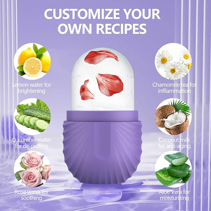 Ice Roller for Face and Eye, Silicone Ice Facial Roller Ice Holder, Face Ice Mold Skin Care, Face Icers Reusable Ice Cube Roller for Shrink Pores Anti Wrinkle Reduce Puffiness, Purple-Velvo Beauty