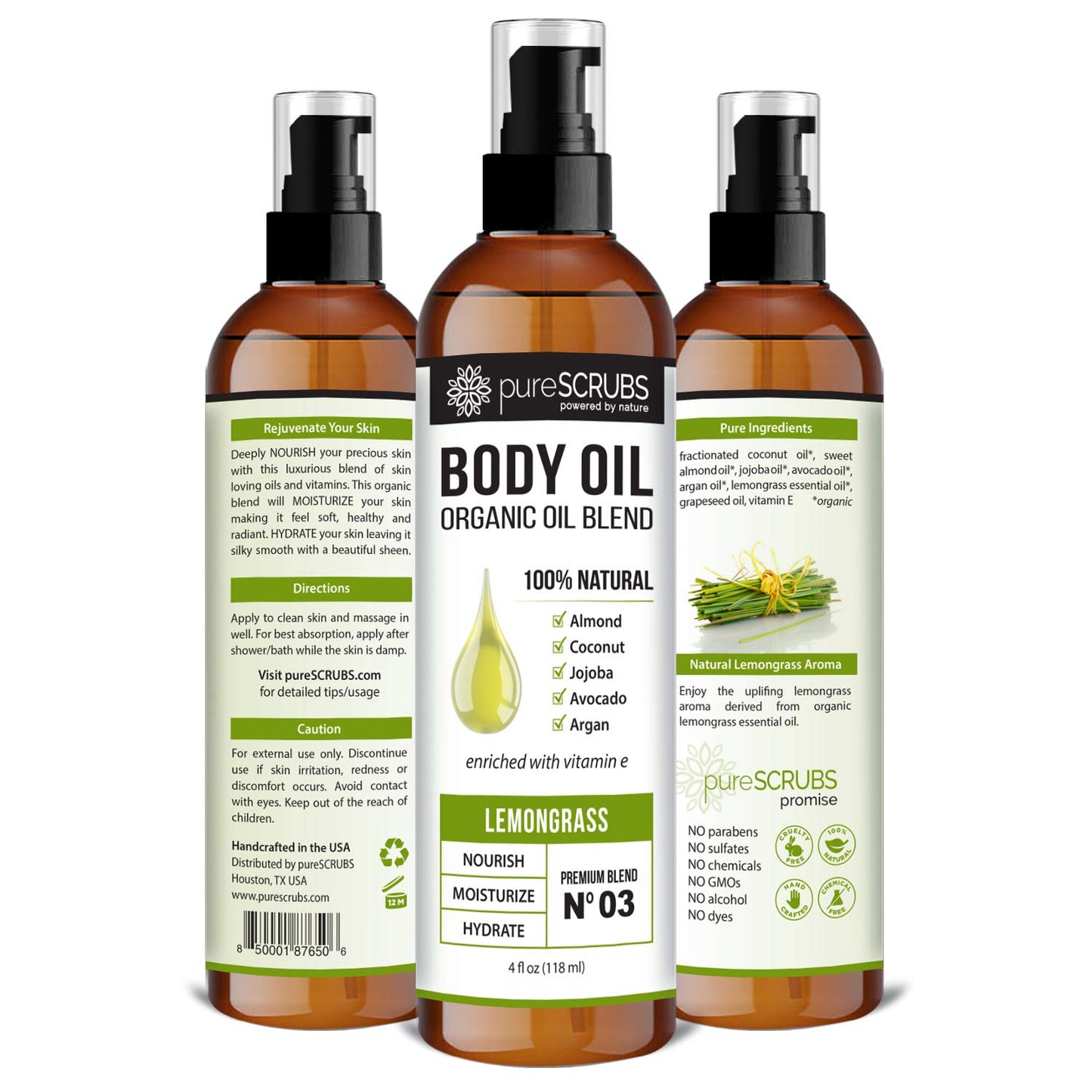 pureSCRUBS Ultra Moisturizing Lemongrass Body Oil Spray for Dry Skin, Massage, & More, Organic Super Blend of Jojoba, Argan, Coconut, Sweet Almond & Avocado Oils Enriched with Vitamin E, Lg 4oz-Velvo Beauty