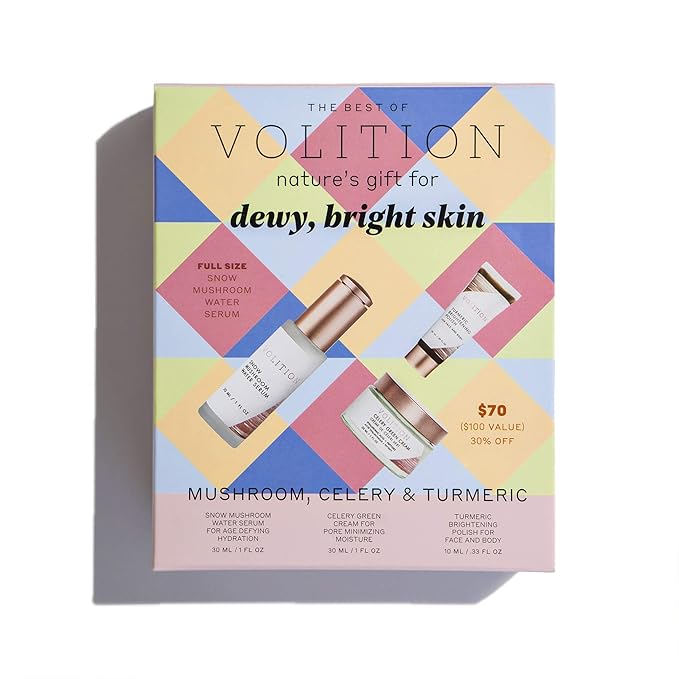 Volition Beauty Dewy Skin Kit Bundle with Celery Green Cream, Snow Mushroom Water Serum, Turmeric Brightening Polish | Age-Defies, Minimizes Pores & Brightens | Vegan, Paraben-Free & Cruelty-Free-Velvo Beauty