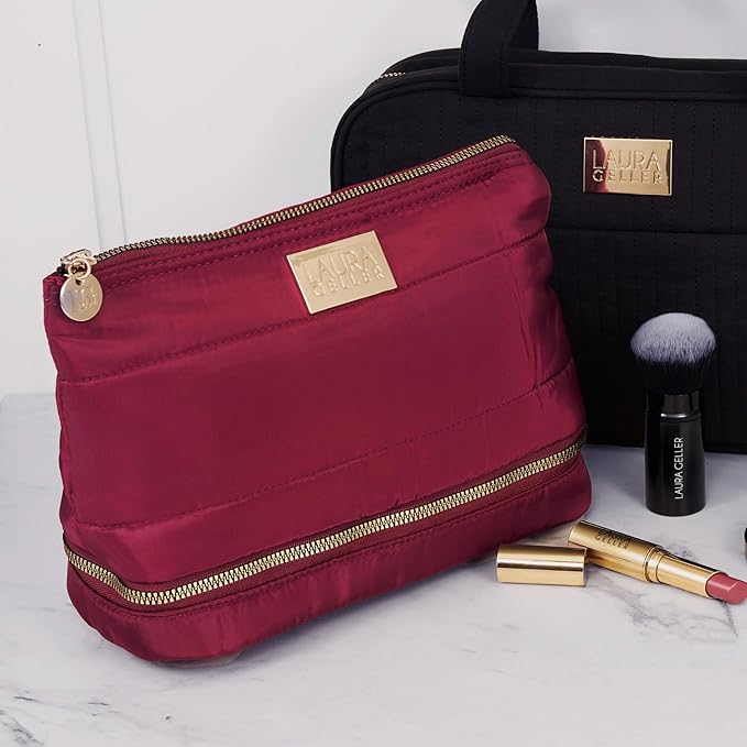 LAURA GELLER NEW YORK Quilted Makeup Bag with Brush Case, Burgundy - Toiletry Bag Organizer for Travel - Large Capacity Full Size Makeup Bag - Easy to Clean-Velvo Beauty