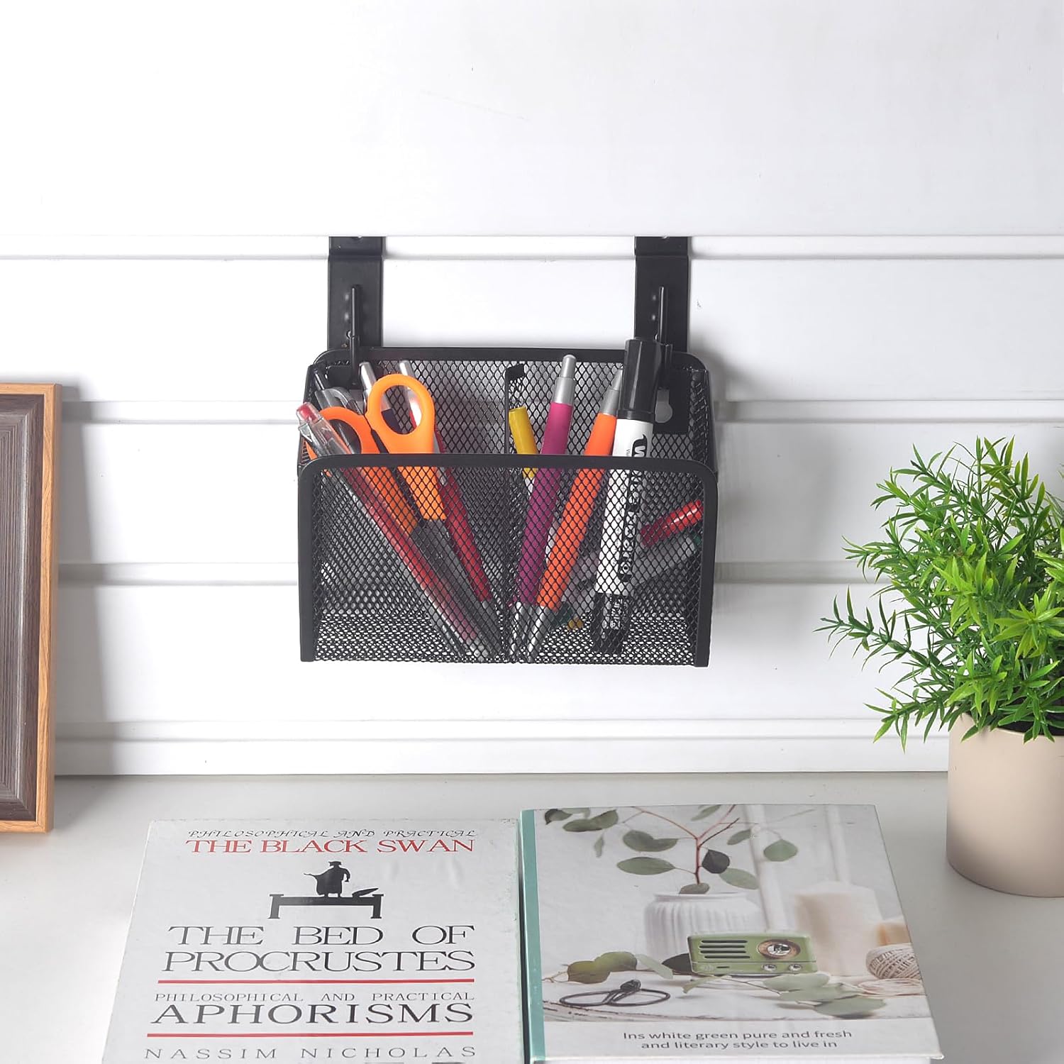 Wall Hanging Pencil Holder With Slatwall J Hooks Slatwall Pencil Cup Wall Mounted Pen Holder Wall Marker Holder Metal Pencil Holder For Paintbrushes Pegboard Classroom Home-Velvo Beauty