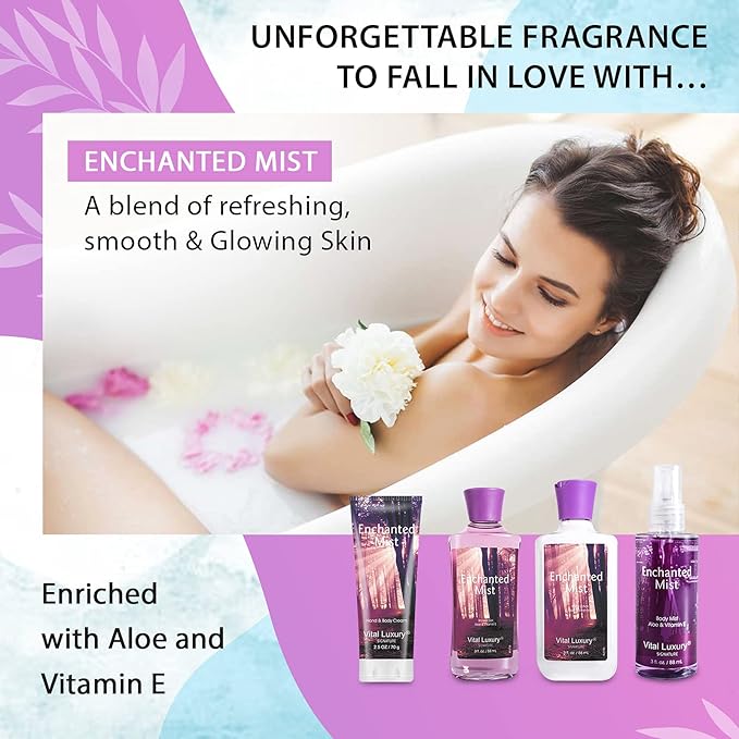 Bath & Body Kit, 3 Fl Oz, Ideal Skincare Gift Home Spa Set, Includes Body Lotion, Shower Gel, Body Cream, and Fragrance Mist,Birthday Mother's Valentine's Day Gifts(Enchanted Mist)-Velvo Beauty