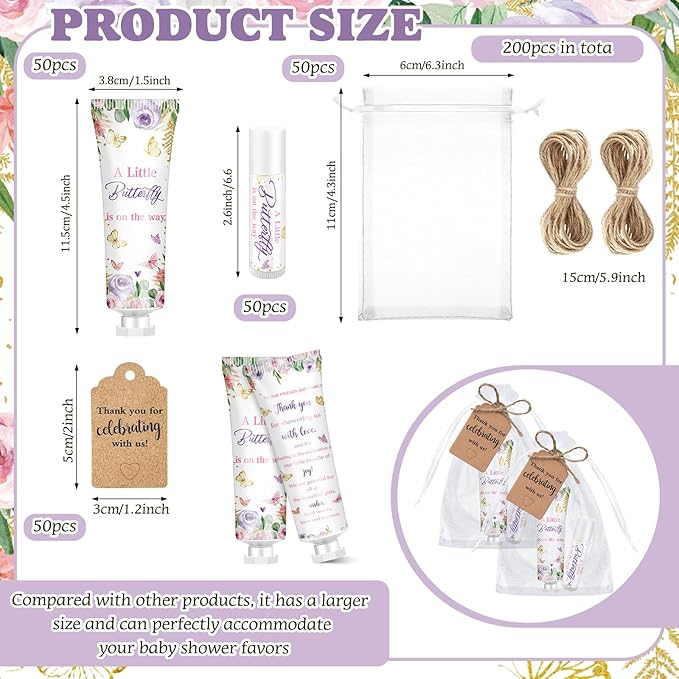 50 Sets 200 Pcs Baby Shower Hand Lotion and Lip Balm Gift Theme Baby Shower Party Favors Travel Size Hand Lotion and Lip Balm Bulk with Organza Bags Tags(Butterfly)-Velvo Beauty