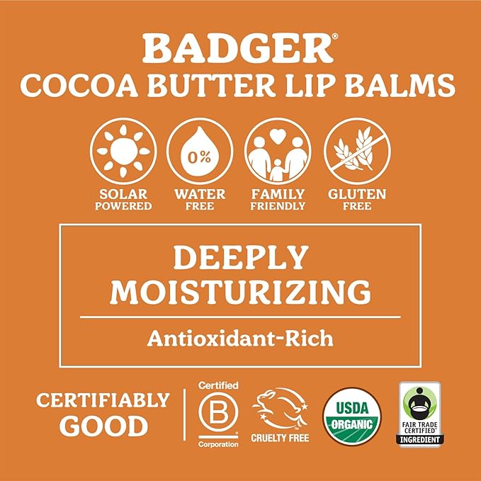 Badger Cocoa Butter Lip Balm, Creamy Cocoa, Certified Organic Lip Balm, Fair Trade, Lip Butter, Lip Balm Cocoa Butter, Care Lip Balm, 0.25 oz (4 Pack)-Velvo Beauty