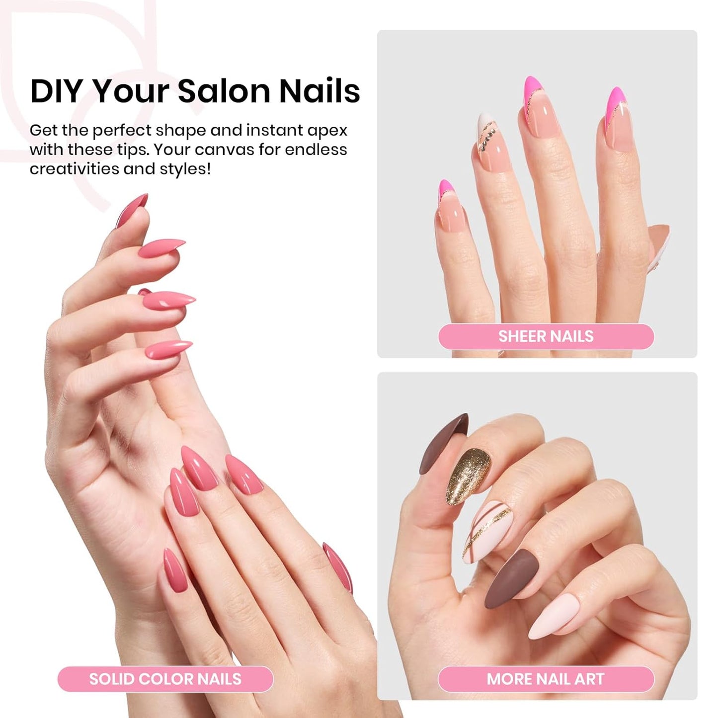 Beetles Tipex Gel Nail Kit, Medium Almond Nail Tips 224 Pcs 16 Sizes Pre-Building Pre-Etched False Nail Tips with Tipex Nail Glue, Mini Nail Lamp Thick Acrylic Nail Set Halloween Nails-Velvo Beauty