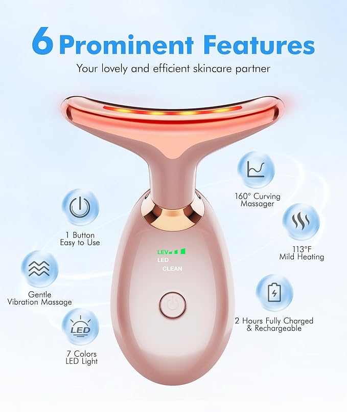 Red Light Therapy for Face and Neck, 7 Color Face Massager Tool for Wrinkles, Double Chin, Vibrating Facial Massager with Thermals for Skin Care, Rose Gold-Velvo Beauty