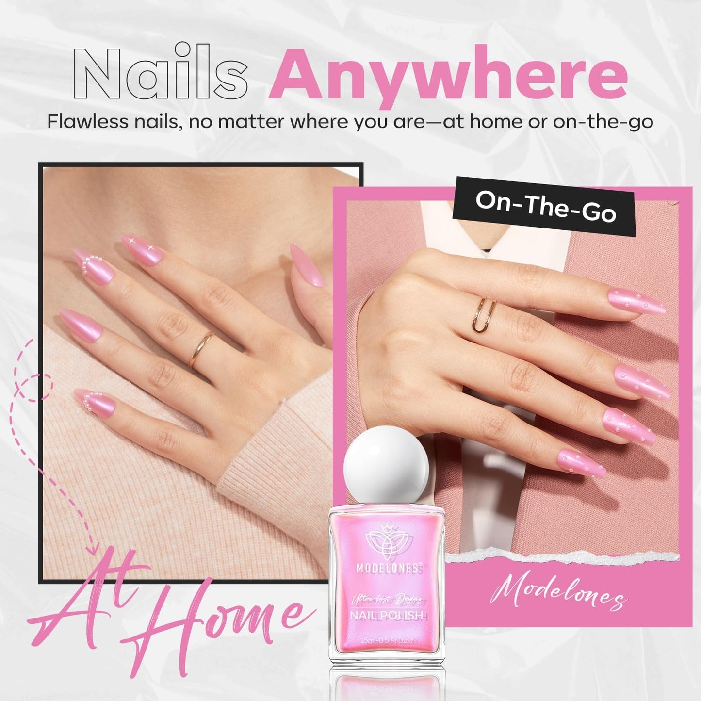 modelones Shine Pink Nail Polish, 15ml Shimmer Pearl Pink Nail Polish Quick Dry Nail Lacquer Strengthener Long Last Shine Fingernail Toe Nail Art DIY Home Travel Manicure Gift for Women Girls-Velvo Beauty