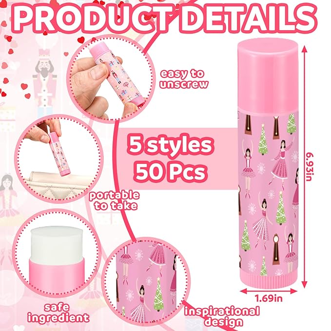 Dunzy 50 Pcs Christmas Lip Balm Gifts Bulk Pink Christmas Nutcracker Themed Lip Balm Xmas Lip Moisturize for Lip Care Xmas Holiday Party Stocking Stuffers, 5 Flavors-Velvo Beauty