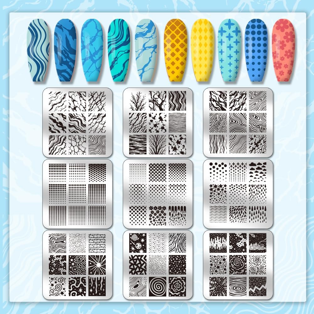 PH PandaHall 9pcs Marble Texture Nail Stamping Plates Line Graffiti Nail Art Designs Gradient Pattern Manicure Art Templates with Stamper and Scraper for Women DIY Manicures Salon Printing-Velvo Beauty