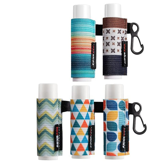 5pcs Lip Balm Holder Keychain Lipstick Sleeves Lip Gloss Holder Keychain Chapstick Elastic Sleeves for Men Women(Strip/Wave/Argyle)-Velvo Beauty