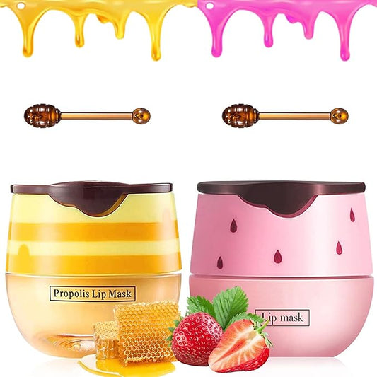 2 PCS Bee Lip Balm Honey Pot, Strawberry & Honey Lip Sleeping Masks Overnight, Hydrating Prevention Dry and Cracked Lip Scrubs Exfoliator Lip Care, Reduces Lip Lines-Velvo Beauty
