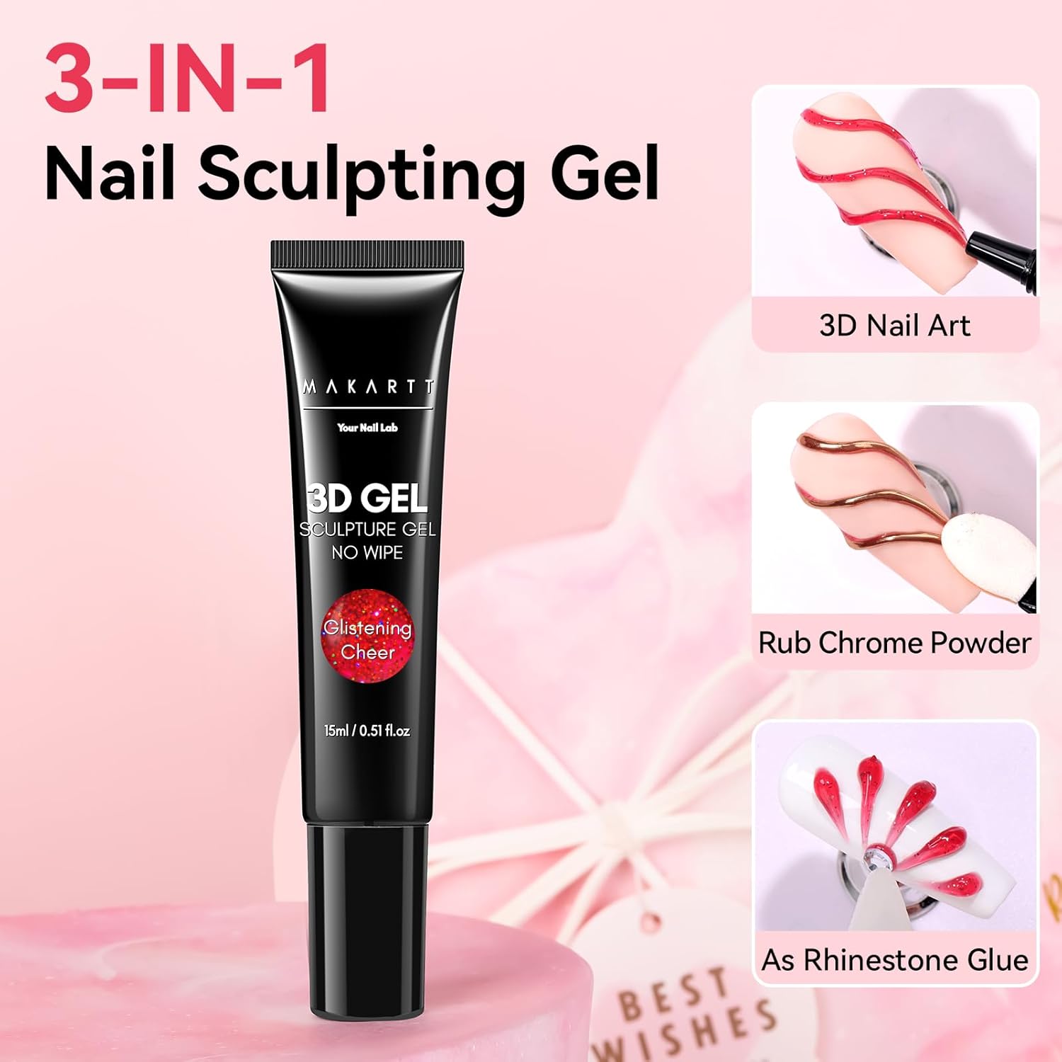 Makartt 3D Gel Nail Art: 3D Sculpting Gel for Nail Art Design 15ml 3 in 1 No Wipe Gel Polish for Drawing Carving Nails Gel, Molding Embossed Gels for Nail Decoration DIY Manicure - Glistening Cheer-Velvo Beauty