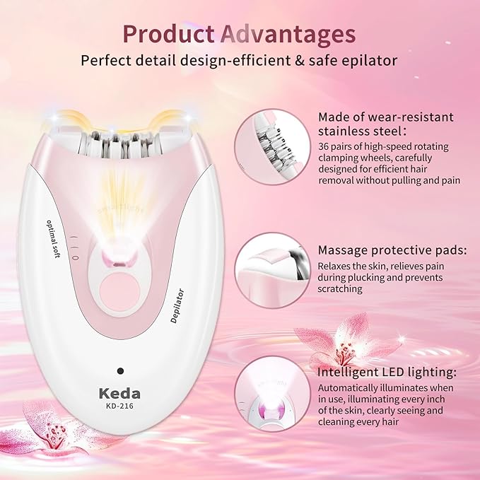 Smooth Glide Epilators Hair Removal for Women, 2 Speed Hair Removal Device with LED Light, Portable Rechargeable Face Epilator, Epilator for Women Face, Bikini, Arm, Legs, Armpits-Velvo Beauty