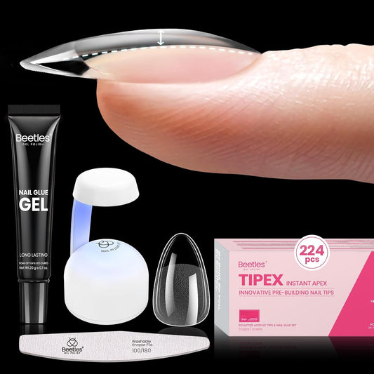 Beetles Tipex Instant Apex Nail Tips Kit, Almond Short, 224Pcs 16 Sizes, with Tipex UV Nail Glue Mini Nail Lamp,Pre-Building & Pre-Etched Thicker Acrylic Nails False Nail Extension-Velvo Beauty