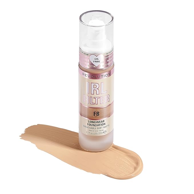 Revolution Beauty, IRL Filter Longwear Foundation, Soft & Breathable Formula, Medium to Full Coverage, Matte Finish, F8, 0.7 Fl. Oz-Velvo Beauty