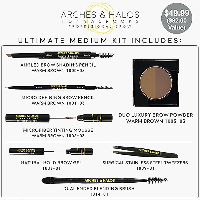 Arches & Halos - Ultimate Brow Hero Kit - Eyebrow Styling Makeup Kit, Pencil, Gel, Shading, Powder, Mousse, Natural and Bold Precise Brow Shaper - Hypoallergenic, Vegan - 7 Pc Kit, Medium-Velvo Beauty