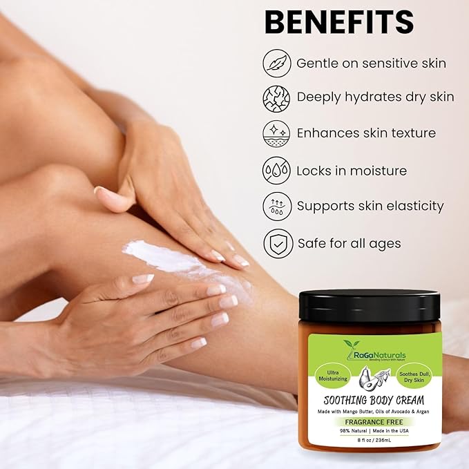 RaGaNaturals Natural Moisturizing Cream - Body & Face Moisturizer for Dry to Very Dry, Sensitive Skin - Unscented Body Cream with Vitamin E & Avocado, Argan Oil - Non-Comedogenic, Fragrance Free -8 Oz-Velvo Beauty
