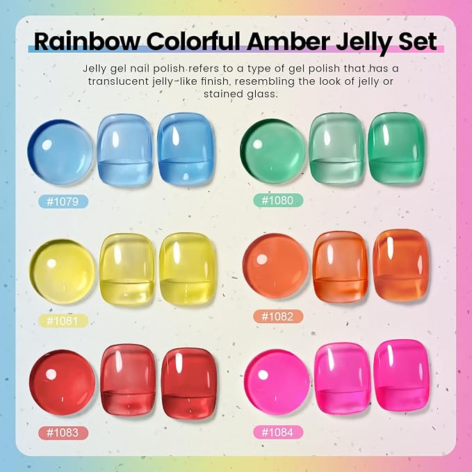RARJSM Colorful Stained Glass Gel Nail Polish Set 6pcs Clear Crytal Blue Green Yellow Orange Red Neon Pink Series Transparent Sheer Amber Milky Gel Varnish LED UV Curing Requires French Manicure-Velvo Beauty