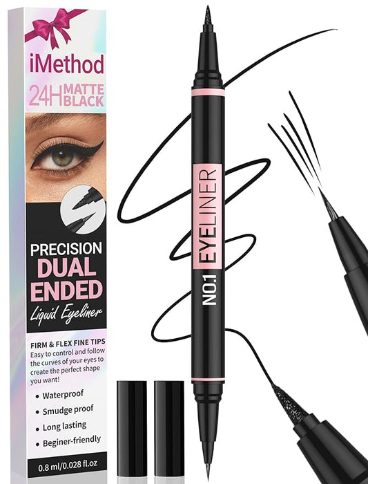 iMethod Liquid Eyeliner - Waterproof Eyeliner 2-in-1 Dual-Ended Eye Liner with Precise Brush-Tip and Thick Tip, Black Liquid Liner Pen, Matte Finish, Long Lasting, Smudge-proof, Transfer-proof-Velvo Beauty