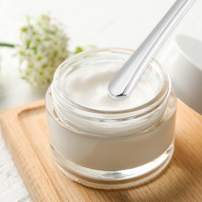 VOCOSTE 4 Pcs Makeup Spatula Mini Spoon, Eye Cream Massage Sticks Beauty Scoop, for Facial Cosmetic Face Cream, Zinc Alloy 2.32"x0.30", Silver Tone-Velvo Beauty