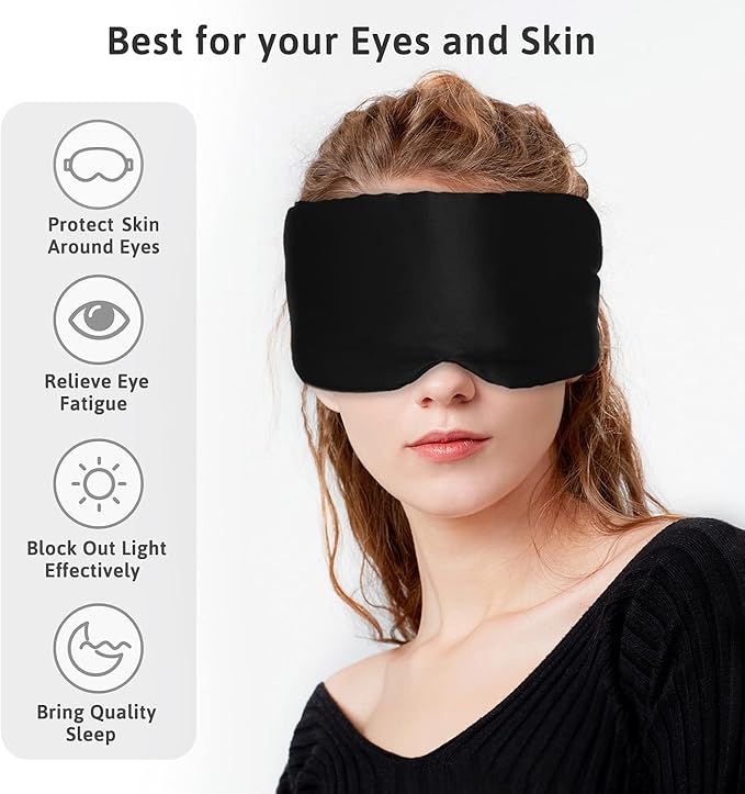 Silk Sleep Mask for Women Men, Mulberry Silk Eye Sleeping Mask & Blindfold with Adjustable Velcro Strap, Blackout Eye Cover for Sleep Travel Yoga Nap, Large Size, Black-Velvo Beauty