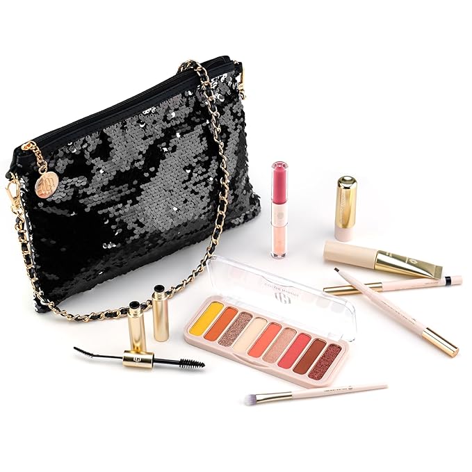 Color Nymph Teen Girls Makeup Kits, Makeup Kit For Girls All In One Makeup Sets For Women With Sequin Bag Packed Individually 9 Colors Eyeshadow Palette Lip Gloss Eyeliner Mascara -Orange Pink-Velvo Beauty