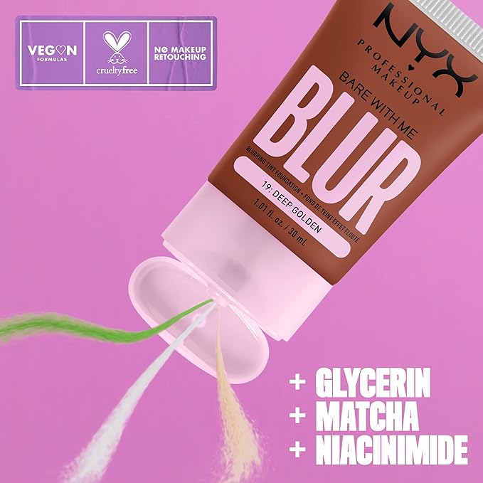 NYX PROFESSIONAL MAKEUP Bare With Me Blur Skin Tint Foundation Make Up with Matcha, Glycerin & Niacinamide - Deep Golden-Velvo Beauty