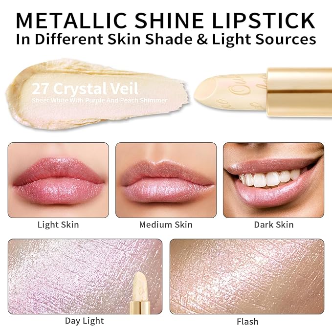 Oulac Glitter Lipstick for Women with Metallic 3D Shine Lightweight Hydrating Formula, High Impact Lip Color, Vegan & Gluten Free Beauty, Sheer Coverage Lip Makeup, Crystal Veil(27)-Velvo Beauty