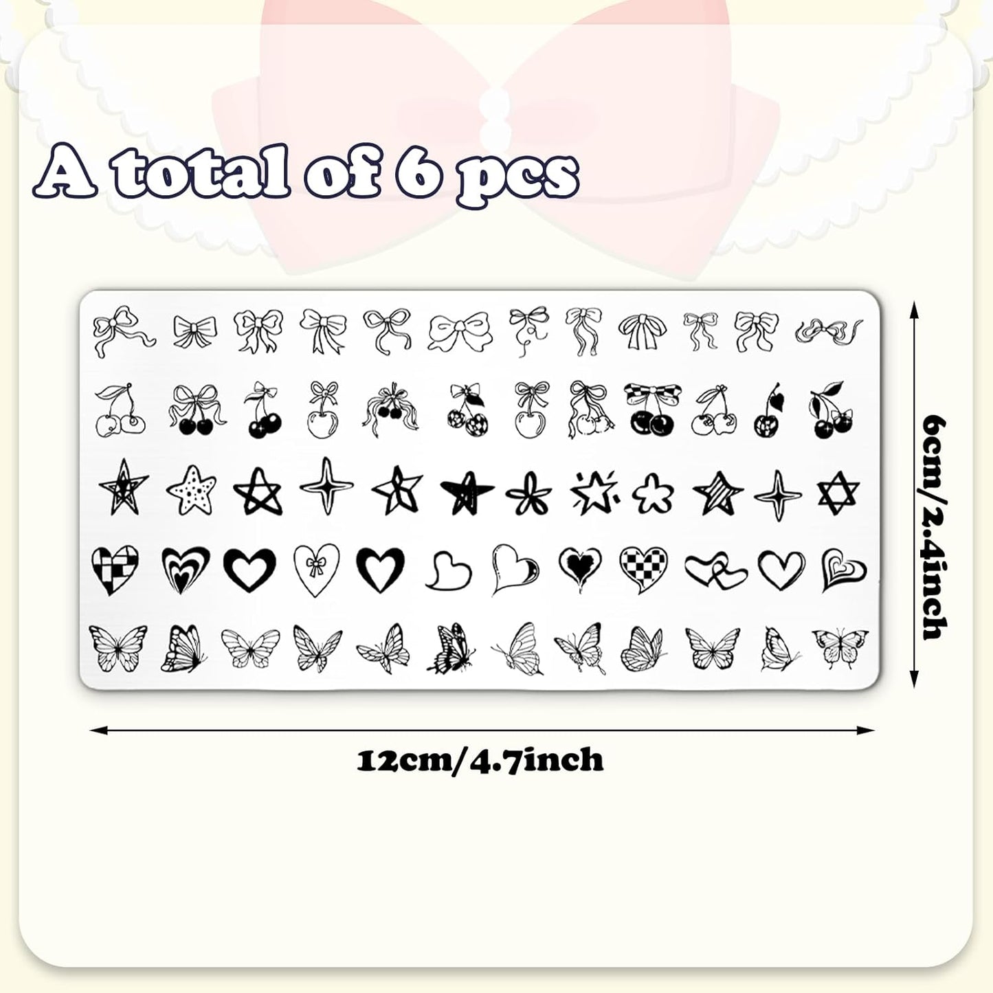 Whaline 6Pcs Coquette Nail Plates Stamping Set Bow Cherry Heart Stamp Templates Nail Art Plates for DIY Print Manicure Salon Design-Velvo Beauty