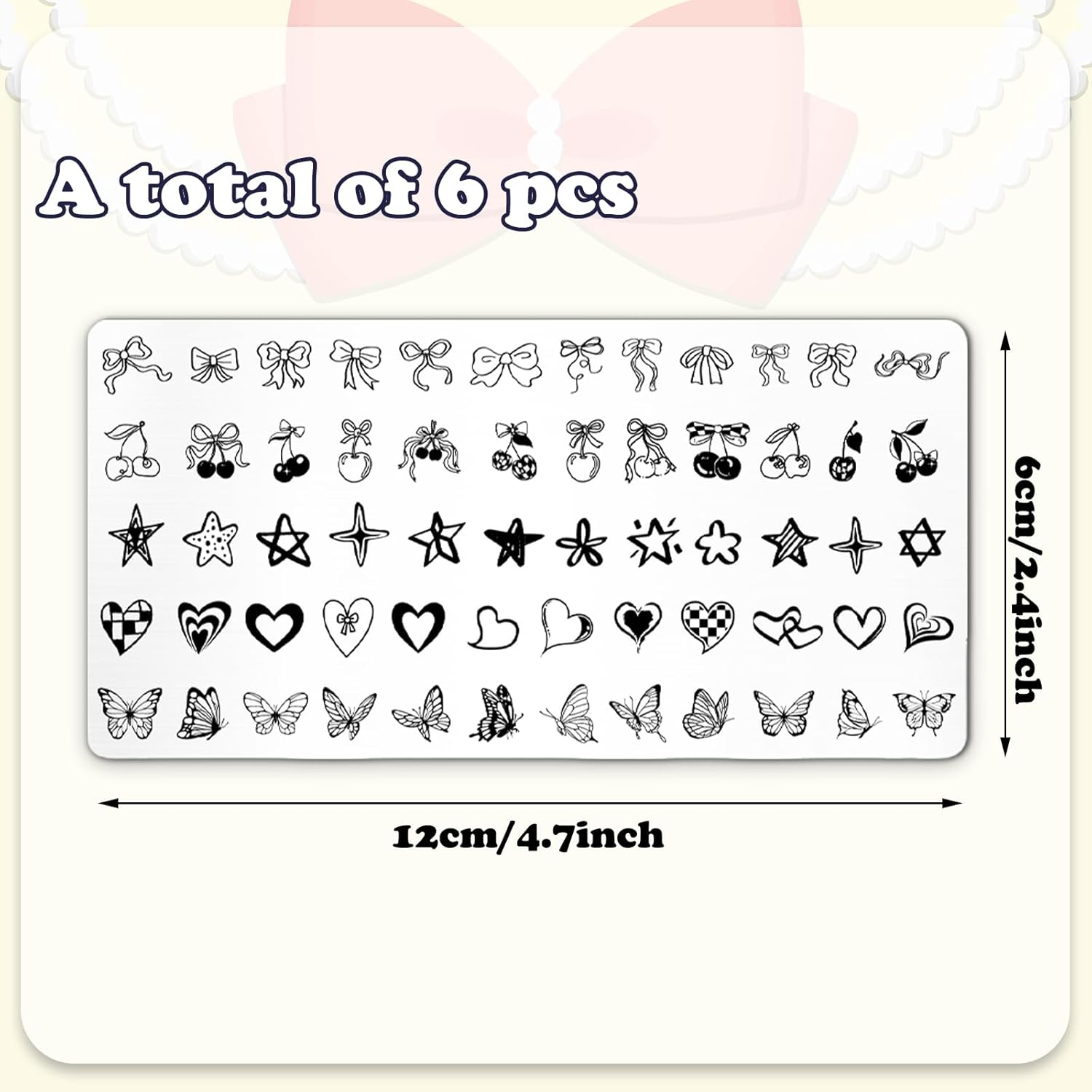 Whaline 6Pcs Coquette Nail Plates Stamping Set Bow Cherry Heart Stamp Templates Nail Art Plates for DIY Print Manicure Salon Design-Velvo Beauty