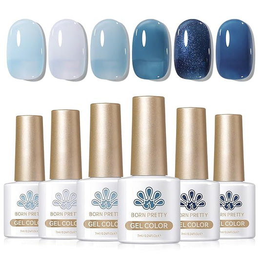 BORN PRETTY Jelly Blue Gel Nail Polish Set 6 Colors Translucent Light Blue Baby Blue Royal Blue Reflective Glitter Blue Nail Gel Kit Soak Off Nail Art Manicure Design Home Salon Holiday Gift-Velvo Beauty