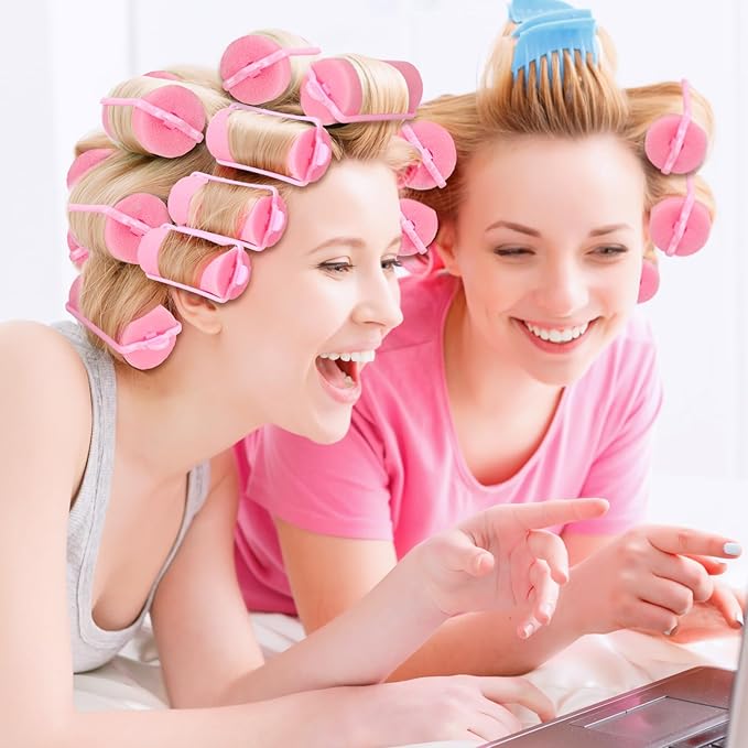 Geyoga 18 Pieces Sponge Hair Rollers Large Soft Foam Hair Styling Curlers Large Size Hairdressing Curlers for Women(1.4 x 2.6 Inches,Pink)-Velvo Beauty
