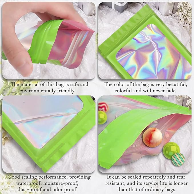 100 Pack Holographic Bags,Smell Proof Packaging Bags, Clear Window Resealable Odor Foil Pouch Mylar Bags for Food Storage and Lipgloss, Jewelry Lash(Green, 2.4 x 3.9 Inch)-Velvo Beauty