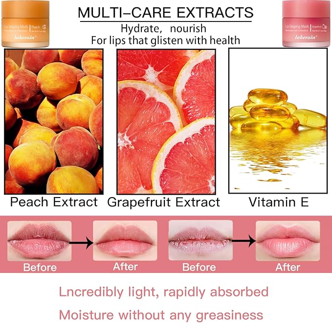 2PCS Lip Sleeping Mask, Lip Mask Overnight, Moisture & Lip Plumper Lip Wrinkles, Repair Lip Balm Prevention Dry and Cracked Lip Scrubs Exfoliato Smoothing Dry Lip Mask (Peach + Grapefruit)-Velvo Beauty