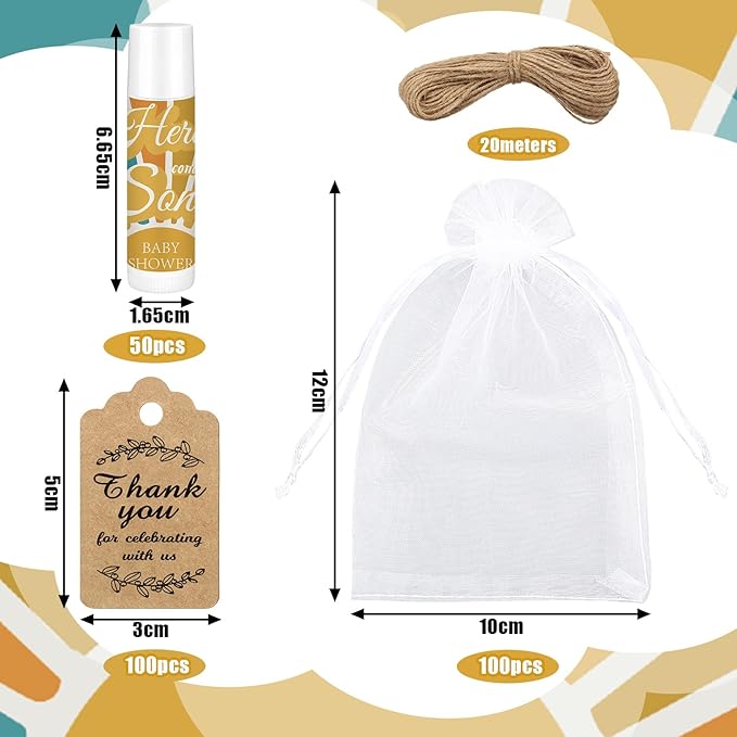 Demissle 50 Pcs Baby Shower Lip Balm Gift Set with 100 Pcs Organza Bags Baby Shower Party Favor for Guest Thank You Tag Rope Baby Shower Party Decoration Gender Reveal Souvenirs(Colorful Stripes)-Velvo Beauty