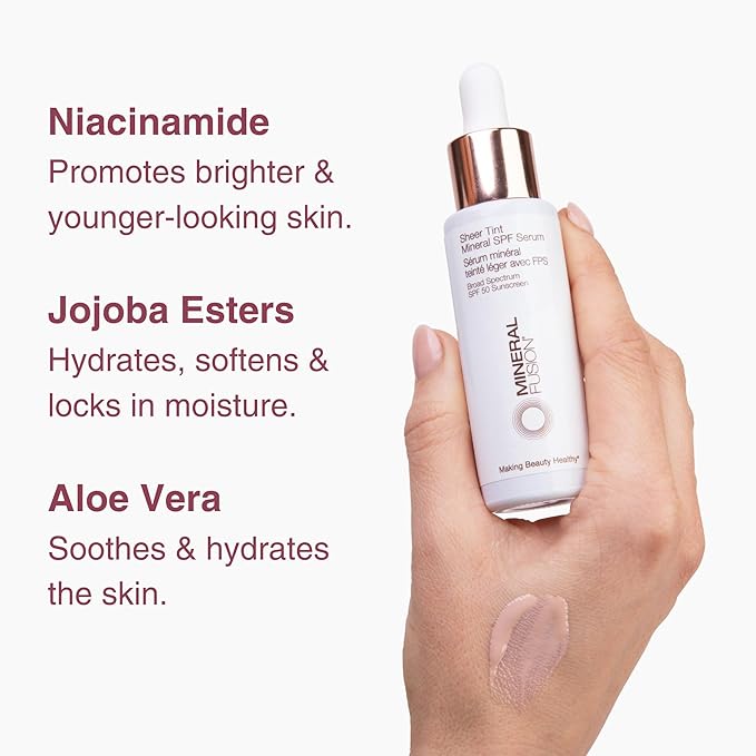 Mineral Fusion Face Serum, Sheer Tint Mineral SPF Serum, 1 Fl Oz, Light, Tinted Broad Spectrum SPF 50 Mineral Sunscreen, Sheer Coverage, Lightweight & Dewy Finish for Glowing, Protected Skin-Velvo Beauty