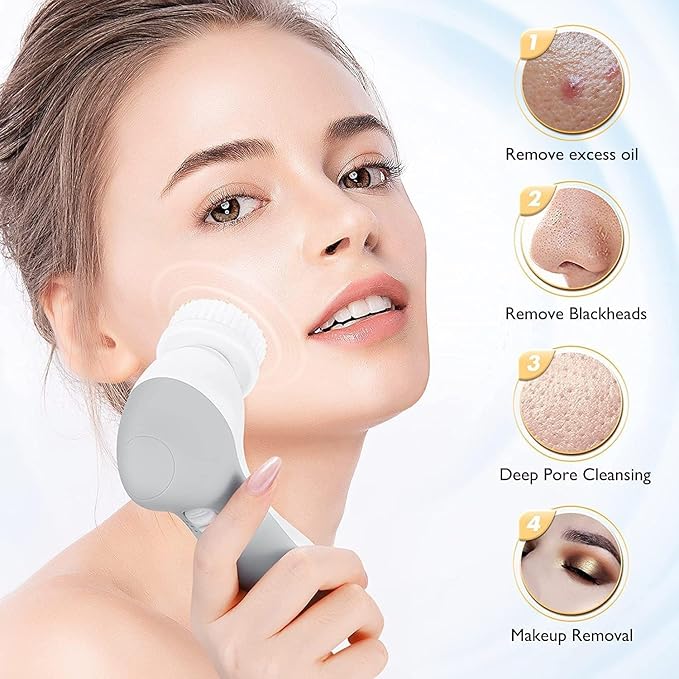 COSLUS Facial Cleansing Brush Silicone Face Scrubber: 7 in 1 FBS-D Electric Exfoliating Rotating Massage Device Waterproof Deep Cleaning Exfoliation Spa Machine - Electronic Skin Care Wash System-Velvo Beauty