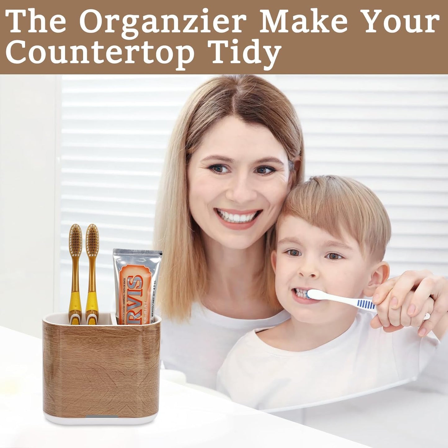Toothbrush and Toothpaste Holder with Divider for Bathroom Countertop Organizer, 2 Slots Electric Toothbrush Holders Storage Caddy Drainage for Family, Kids(Wood Grain)-Velvo Beauty