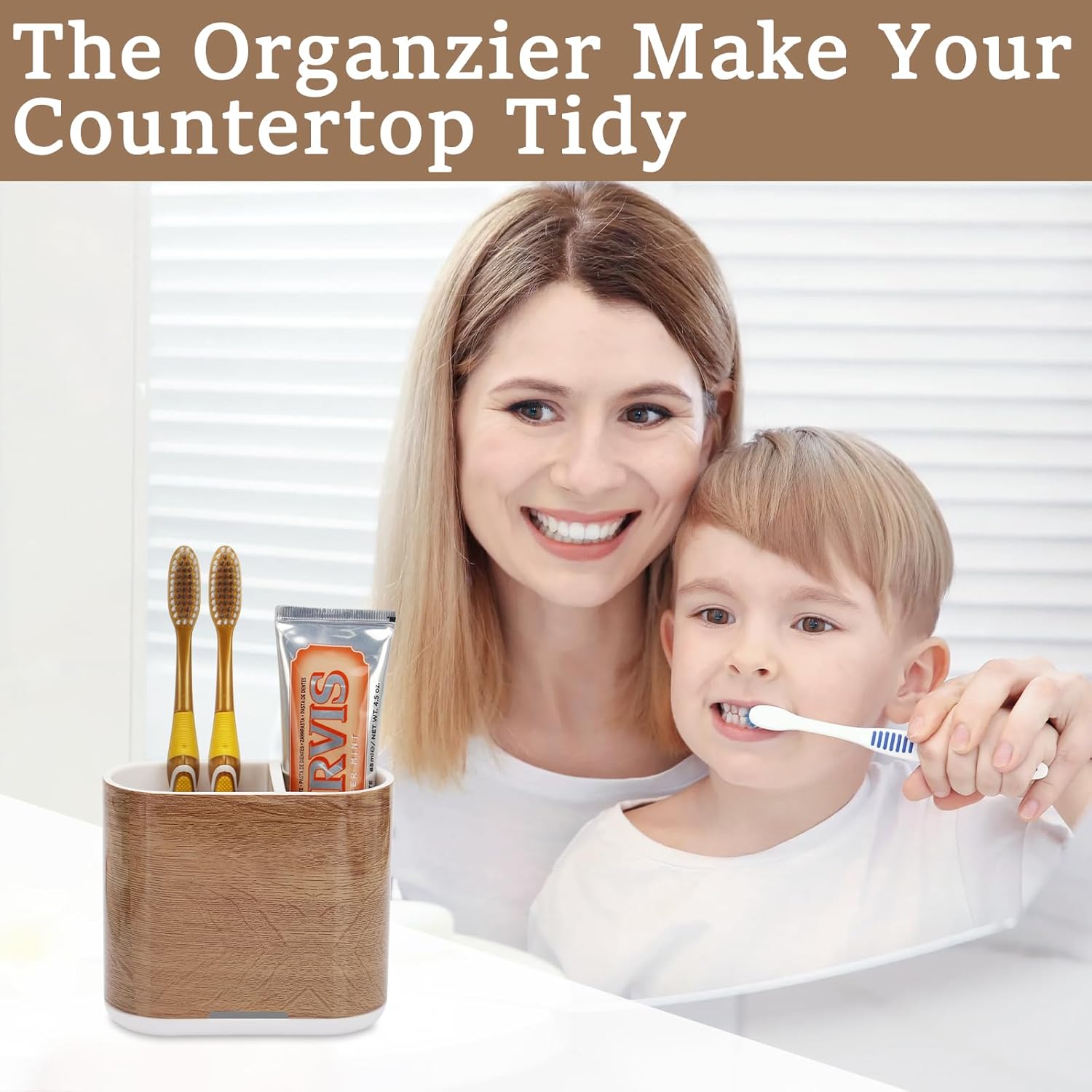 Toothbrush and Toothpaste Holder with Divider for Bathroom Countertop Organizer, 2 Slots Electric Toothbrush Holders Storage Caddy Drainage for Family, Kids(Wood Grain)-Velvo Beauty