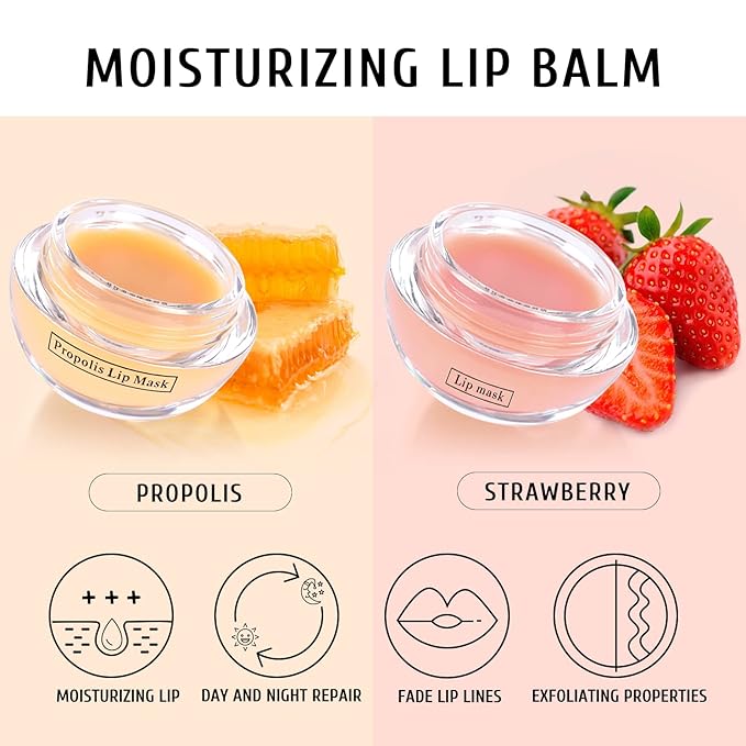 4Pcs Honey Strawberry Lip Balm Honey Pot, Strawberry Lip Sleeping Mask, Overnight Lip Sleeping Mask, Honey Balm Lip Balm Pot, Honey Lip Mask Nourish Lip Scrubs Exfoliator Honey/Strawberry-Velvo Beauty