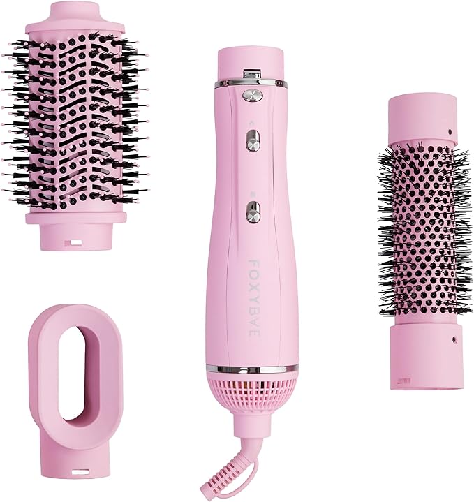 FoxyBae 3-in-1 Ceramic Interchangeable Hair Tools - Blowout Dryer - 3 Detachable Heads - 2.4" Blowout Brush, 1.5" Hot Round Brush & Drying Cylinder Hair Dryer Brush & Hair Styling Set [Party Pink]-Velvo Beauty