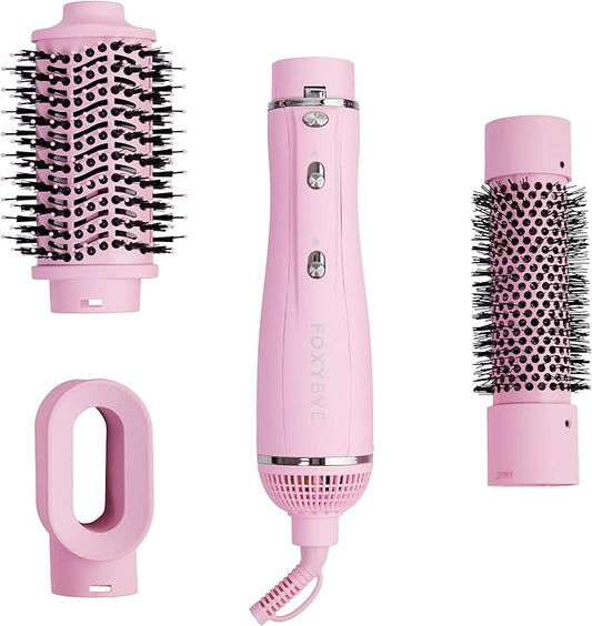 FoxyBae 3-in-1 Ceramic Interchangeable Hair Tools - Blowout Dryer - 3 Detachable Heads - 2.4" Blowout Brush, 1.5" Hot Round Brush & Drying Cylinder Hair Dryer Brush & Hair Styling Set [Party Pink]-Velvo Beauty