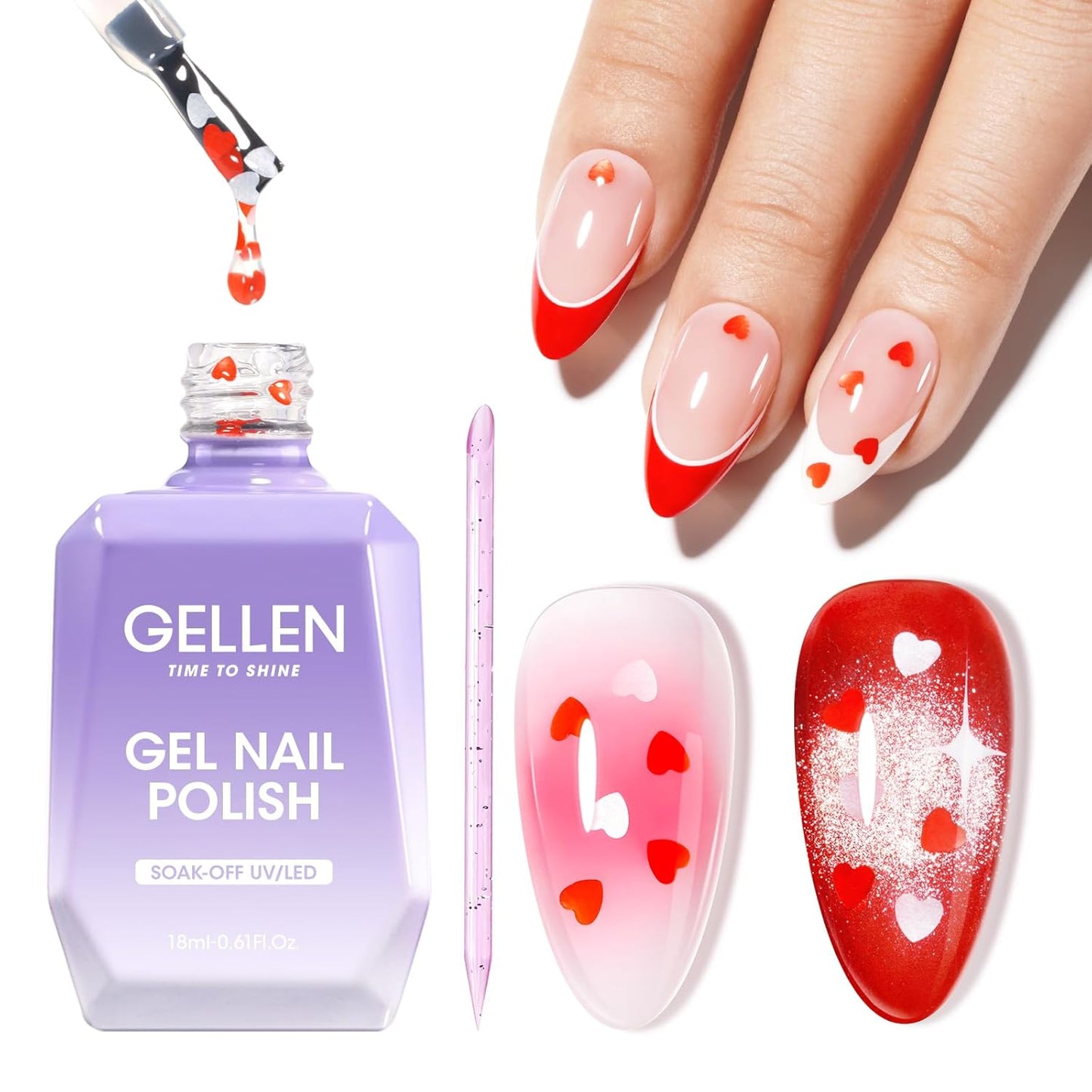 GELLEN Gel Nail Polish, 18ML Clear Nail Polish With Pink & Red Heart Shape, Valentine Gift for Her, Soak Off UV Gel Polish No Wipe, Glitter Gel Nail Polish with Stick DIY at Home-Velvo Beauty