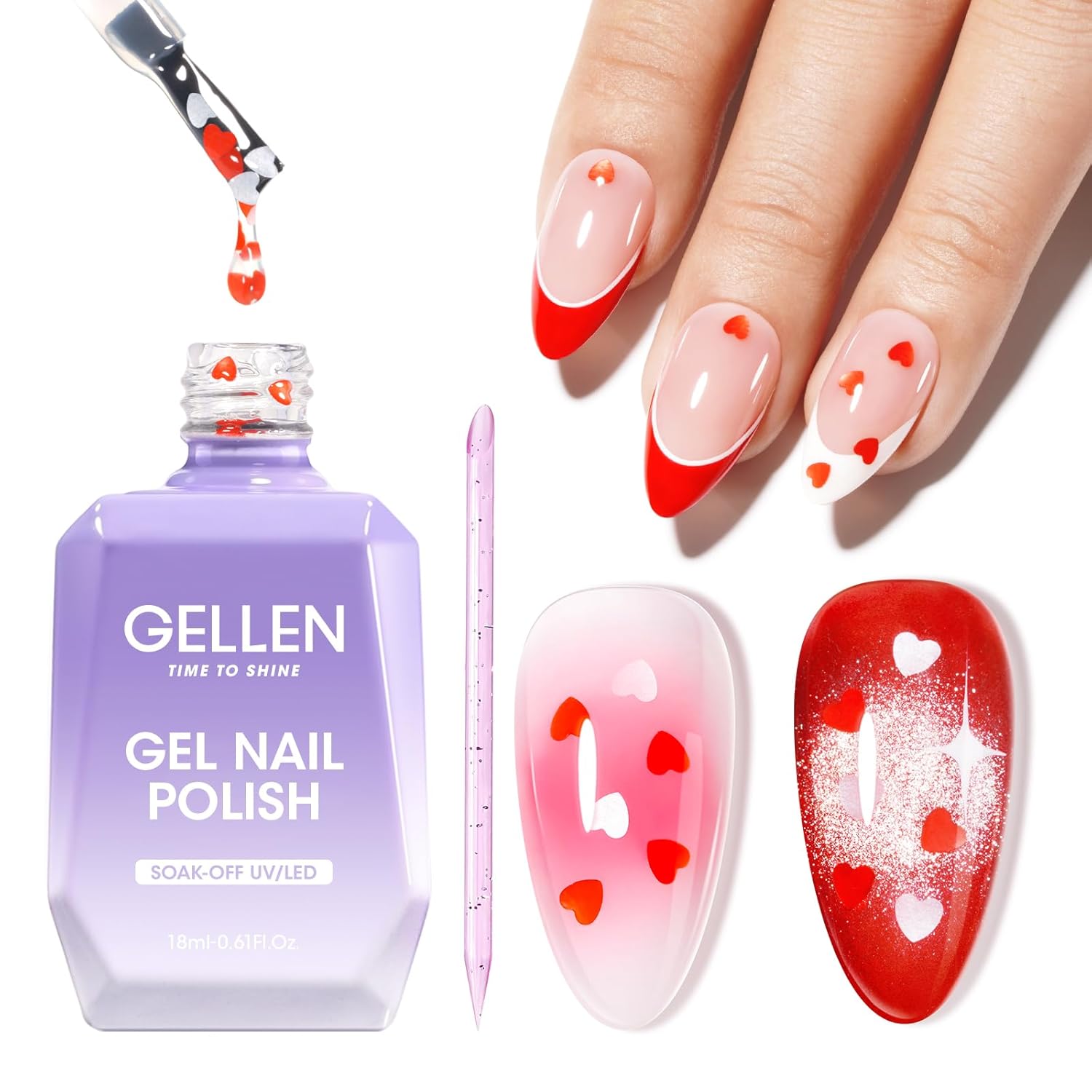 GELLEN Gel Nail Polish, 18ML Clear Nail Polish With Pink & Red Heart Shape, Valentine Gift for Her, Soak Off UV Gel Polish No Wipe, Glitter Gel Nail Polish with Stick DIY at Home-Velvo Beauty