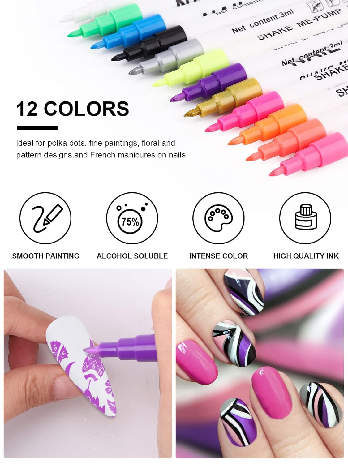 12 Color 3D Nail Art Pens Set, Kalolary Nail Point Graffiti Dotting Pen Drawing Painting Liner Brush for DIY Nail Art Beauty Adorn Manicure Tools-Velvo Beauty